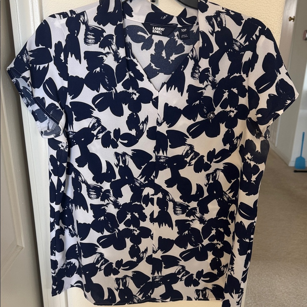 Lands' End Chase Blue and White Floral Blouse